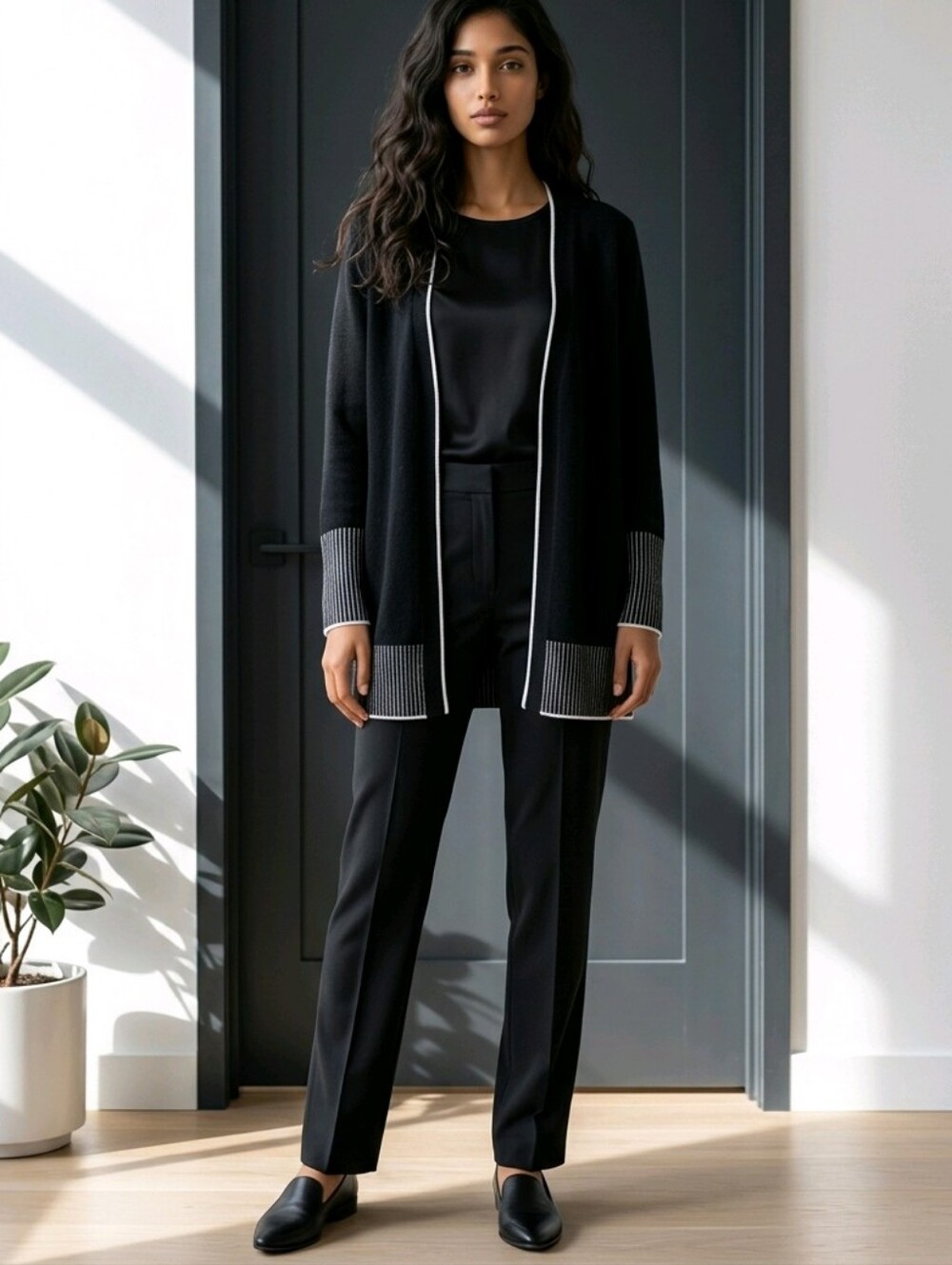 Charter Club Luxury 100% Cashmere Black Open-Front Cardigan White Contrast Trim